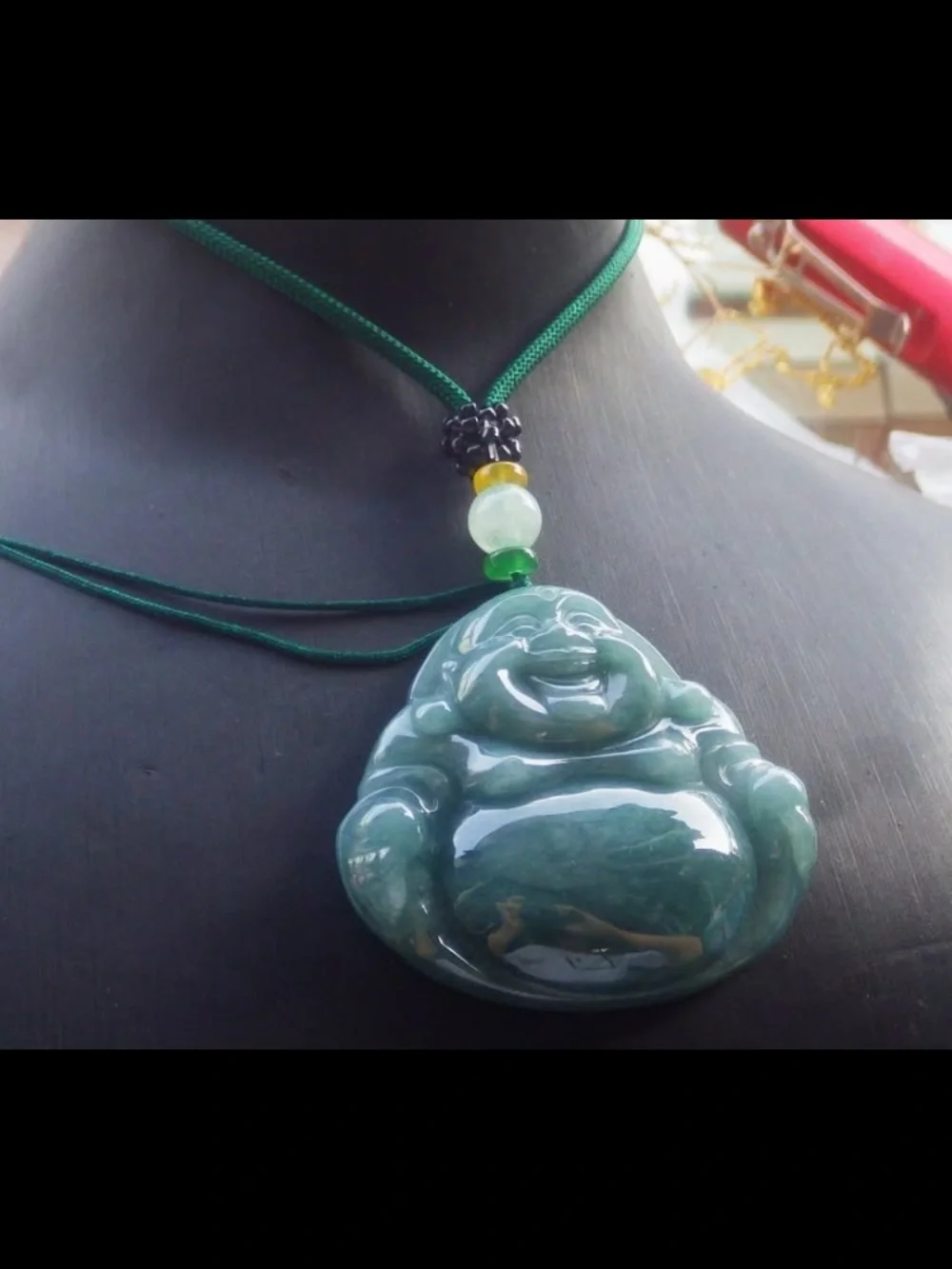 Certificate Jadeite Jade Dark Green Pendant luck Laughing Buddha god